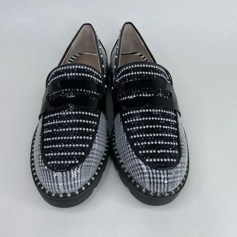 Betsey‎ Johnson Darian Pearls Sequins Plaid Patent Loafer Shoes Size 6M